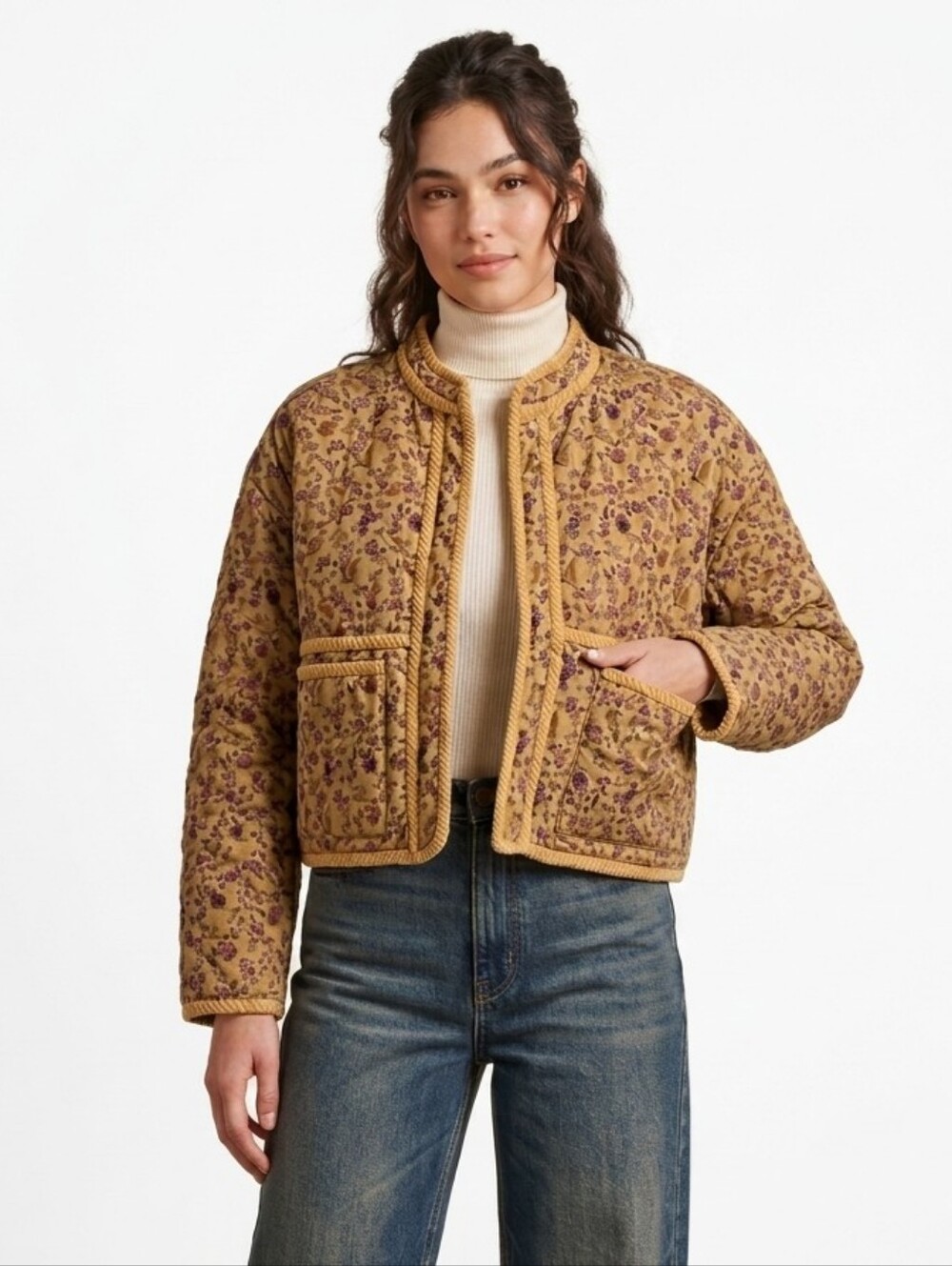 AVEC LES FILLES Floral Quilted Crop Jacket